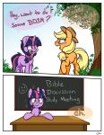  applejack_(mlp) blonde_hair blush chalkboard dialogue duo english_text equid equine female feral friendship_is_magic hair hasbro hi_res horn horse louvely mammal my_little_pony plant pony purple_hair text tree twilight_sparkle_(mlp) unicorn 