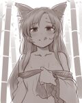  1girl :q animal_ear_fluff animal_ears bamboo bamboo_forest bare_shoulders blush breasts commentary eyebrows_visible_through_hair forest frilled_sleeves frills greyscale highres imaizumi_kagerou large_breasts long_hair long_sleeves looking_at_viewer miyo_(ranthath) monochrome nature off_shoulder smile solo split_mouth sweat tongue tongue_out touhou undressing upper_body wide_sleeves wolf_ears 