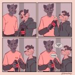  anthro beverage canid clothed clothing comic comic_panel dialogue dot_eyes duo eyes_closed felid hemuchang hi_res hoodie humanoid_hands humor male mammal shirt soda struggling t-shirt topwear whiskers 