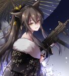  1girl animal_ears bangs black_gloves bow brown_hair closed_mouth eyebrows_visible_through_hair fingerless_gloves fur-trimmed_kimono fur_trim girls&#039;_frontline gloves gun h&amp;k_ump45 hair_bow highres holding holding_gun holding_weapon japanese_clothes kimono kimono_pull kogarashi_kon long_hair looking_at_viewer official_alternate_costume oil-paper_umbrella ponytail scar scar_across_eye smile solo umbrella ump45_(girls&#039;_frontline) ump45_(lonely_traveler_of_eternity)_(girls&#039;_frontline) upper_body weapon yellow_eyes 