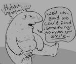  anthro balls blush bodily_fluids charlie_(smiling_friends) cum dialogue genital_fluids genitals greyscale hair humanoid male monochrome nipples nude open_mouth overweight overweight_male penis simple_background sitting smiling_friends solo sweat syotako23 