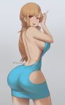 1girl ass back blonde_hair blue_dress breasts dress kitagawa_marin large_breasts looking_at_viewer looking_back phat_smash red_eyes sideboob simple_background solo sono_bisque_doll_wa_koi_wo_suru thick_thighs thighs wide_hips 