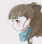  1girl bangs blunt_bangs braid braided_bun brown_hair expressionless from_side highres idolmaster idolmaster_cinderella_girls kamiya_nao long_hair portrait profile red_eyes simple_background sweater thick_eyebrows tono_(midnadonamid) turtleneck turtleneck_sweater white_background 