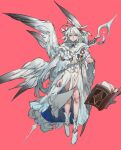  book chocolate_(jitong) feathered_wings full_body highres looking_at_viewer medal original pink_background ratnig:s staff white_footwear white_hair white_wings wings 