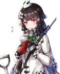  1girl bangs black_hair blush closed_mouth coat eyebrows_visible_through_hair flower gift girls&#039;_frontline gun hair_flower hair_ornament highres holding holding_gift jacket kogarashi_kon long_hair looking_at_viewer musical_note musical_note_print official_alternate_costume plaid plaid_scarf red_eyes rifle_on_back scarf solo submachine_gun type_100 type_100_(girls&#039;_frontline) type_100_(treasure_buried_deep_within)_(girls&#039;_frontline) upper_body weapon white_coat white_jacket 