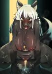  anthro big_breasts blush bodily_fluids breasts canid canine canis female fox fur genital_fluids genitals hair hi_res looking_at_viewer mammal nipples nude pussy solo tongue tuikinito 