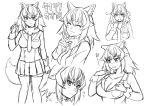  1girl animal_ears breast_pocket breasts cleavage collarbone gloves grey_wolf_(kemono_friends) greyscale highres kemono_friends kimurayou103 large_breasts long_hair long_sleeves looking_at_viewer monochrome necktie pleated_skirt pocket sketch skirt smug tail thighhighs wolf_ears wolf_girl wolf_tail 