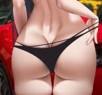  1girl ass ass_focus azur_lane bikini black_bikini black_hair blurry blurry_background butt_crack close-up dimples_of_venus fouriasensei from_behind long_hair pulled_by_self skindentation solo strap_pull swimsuit symbol-only_commentary taihou_(azur_lane) thigh_gap thighs unfinished 