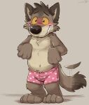  &lt;3 anthro blush bottomwear brown_body brown_fur cabrorojo canid canine canis clothed clothing dreamworks fur heart_underwear hi_res male mammal mr._wolf_(the_bad_guys) partially_clothed pattern_clothing simple_background slightly_chubby solo tail_motion tailwag teeth the_bad_guys underwear yellow_eyes 