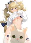  1girl animal_ear_fluff animal_ears bangs barbara_(genshin_impact) blonde_hair blue_bow blue_eyes bow breasts cat cat_ears cat_tail commentary ett eyebrows_visible_through_hair genshin_impact head_tilt highleg highleg_panties highres kemonomimi_mode long_hair long_sleeves looking_at_viewer medium_breasts navel panties parted_lips pasties simple_background solo stomach sweater tail tail_bow tail_ornament thighhighs turtleneck turtleneck_sweater twintails underboob underwear white_background white_sweater 