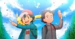  2boys :d ? alternate_color artist_name ash_ketchum backpack bag bangs baseball_cap black_hair blue_eyes brown_eyes chitozen_(pri_zen) closed_mouth cloud commentary_request confused day eyelashes goh_(pokemon) green_bag hair_ornament hat highres jacket long_sleeves male_focus mew multiple_boys on_shoulder open_mouth outdoors pikachu pointing pokemon pokemon_(anime) pokemon_(creature) pokemon_on_shoulder pokemon_swsh_(anime) shiny_pokemon shirt sky smile teeth tongue 