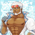  1boy abs absurdres aegir_(housamo) anchor_earrings aqua_hair bara bare_pectorals beard blue_eyes dark-skinned_male dark_skin earrings ekusutora facial_hair fingernails fins fish_boy hawaiian_shirt heart highres jewelry large_pectorals looking_at_viewer male_focus mature_male multicolored_hair muscular muscular_male navel nipples open_clothes open_shirt pectoral_focus pectorals sharp_fingernails shirt short_hair single_earring solo stomach streaked_hair tokyo_afterschool_summoners upper_body white_hair 