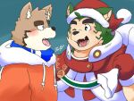  anthro blush canid canine canis christmas christmas_clothing christmas_headwear clothing domestic_dog duo eyebrows fur gloves green_body green_fur handwear hat headgear headwear hi_res holidays hoodie lifewonders live-a-hero male male/male mammal mokdai one_eye_closed present_sack santa_hat sukedonphi thick_eyebrows topwear video_games wink 