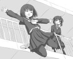  2girls :o ^_^ ^o^ arm_support arms_up bangs blazer blouse blush bob_cut bow bowtie closed_eyes dutch_angle eyebrows_visible_through_hair facing_viewer floating_hair from_below full_body greyscale hand_on_railing hands_up happy high-waist_skirt jacket jumping leaning_forward legs_apart legs_up looking_down midriff_peek miniskirt monochrome multiple_girls neckerchief open_hands open_mouth original outstretched_arms pantyhose pleated_skirt railing rooftop sailor_collar school_uniform serafuku shoe_soles shoes short_hair skirt smile spread_arms standing straight_hair suicide surprised uwabaki yuyuzuki_(yume_usagi) 