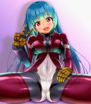  1girl blue_hair blush bodysuit breasts cropped_jacket honda_takaharu kula_diamond long_hair looking_at_viewer open_mouth red_eyes smile solo the_king_of_fighters v_over_eye very_long_hair 