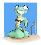  2022 amphibian anthro biphony_(rubbish_chameleon) blush butt clothing embarrassed female frog green_body green_skin gris_swimsuit hi_res meme meme_clothing one-piece_swimsuit poolside rubbish_chameleon sitting solo swimwear translucent translucent_clothing translucent_swimwear 