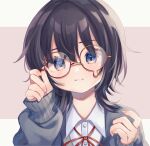  1girl akr_tmr black_hair blue_eyes blush collared_shirt eyebrows_visible_through_hair glasses highres long_sleeves looking_at_viewer original parted_lips round_eyewear shirt short_hair sleeves_past_wrists smile solo teeth upper_body white_shirt 