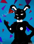  absurd_res animatronic anthro big_breasts black_body black_hair breasts buckteeth clothed clothing desesperadoleon english_text female five_nights_at_freddy&#039;s five_nights_at_freddy&#039;s_2 hair hi_res lagomorph leporid long_ears looking_at_viewer machine mammal multicolored_body narrowed_eyes nipples rabbit robot scottgames shadow_bonnie_(fnaf) simple_background solo teeth text topless topless_female two_tone_body video_games white_body white_eyes wide_hips 