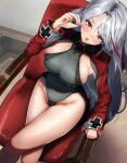  1girl adapted_costume azur_lane blush breasts chair crossed_legs eyebrows_visible_through_hair from_above greengerx grey_leotard indoors large_breasts leotard long_hair looking_at_viewer looking_up mole mole_on_breast multicolored_hair prinz_eugen_(azur_lane) red_eyes red_hair red_sleeves shiny shiny_skin sideboob silver_hair sitting skindentation solo streaked_hair tongue tongue_out two-tone_hair very_long_hair 