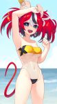  1girl :d animal_ear_fluff animal_ears arm_up armpits bare_shoulders beach black_hair blue_eyes breasts commentary day earclip english_commentary gris_swimsuit hakos_baelz highres hololive hololive_english looking_at_viewer medium_breasts mouse_ears mouse_girl mouse_tail multicolored_hair navel one-piece_swimsuit open_mouth outdoors red_hair see-through_swimsuit sharp_teeth smile solo streaked_hair swimsuit tail teeth underboob virtual_youtuber white_hair yoako 