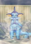  2022 3_toes 4_fingers ai_ke_a anthro anthrofied big_breasts biped blue_body blue_eyes breasts clothing eeveelution feet female fin fingers frill_(anatomy) hi_res hot_spring kemono looking_at_viewer nintendo open_mouth partially_submerged pok&eacute;mon pok&eacute;mon_(species) pok&eacute;morph shirt solo standing toes topwear translucent translucent_clothing vaporeon video_games water wet wet_body wet_clothing wet_shirt wet_topwear 