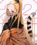  1girl absurdres blonde_hair earrings forehead green_nails highres jacket jewelry kisaragi_chiyuki long_hair looking_at_viewer mask mouth_mask original ponytail red_eyes solo tail tiger_tail 