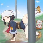  1girl :3 akari_(pokemon) black_hair blue_sky blush closed_eyes closed_mouth clothing_aside cloud day from_side full_body fundoshi fundoshi_aside head_scarf highres hisuian_growlithe japanese_clothes leg_up long_hair microsd_(pibo) outdoors pee peeing pokemon pokemon_(creature) pokemon_(game) pokemon_legends:_arceus ponytail red_scarf sash scarf sidelocks sky smile tongue tongue_out underwear utility_pole white_headwear 