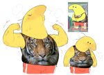  bodily_fluids charlie_(smiling_friends) clothed clothing eyes_closed felid fist hair humanoid male mammal motion_lines overweight overweight_male pantherine shirt solo steam straining sweat sweatdrop tank_top tiger topwear vilya yellow_body 
