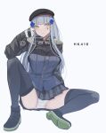  1girl arm_behind_back bangs beret black_footwear black_legwear blue_hair blue_jacket blush breasts character_name chcn eyebrows_visible_through_hair full_body girls&#039;_frontline gloves green_eyes hair_ornament hairclip hand_in_hair hat highres hk416_(girls&#039;_frontline) jacket long_hair looking_at_viewer medium_breasts on_floor panties pantyshot plaid plaid_skirt shoes sitting skirt solo teardrop_facial_mark teardrop_tattoo thighhighs underwear white_background white_gloves white_panties 