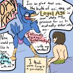  anthro avian beak berdly bird blue_body blue_feathers boxers_(clothing) brown_hair bulge cellcone clothing deltarune duo english_text eyewear feathers glasses hair human humor imminent_sex kris_(deltarune) male male/male mammal text thong undertale_(series) underwear video_games 