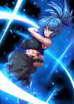  1girl abs bare_shoulders belt black_tank_top blue_eyes blue_hair breasts earrings gloves highres jewelry leona_heidern military military_uniform muscular muscular_female pants ponytail pouch slashing sleeveless solo tank_top the_king_of_fighters the_king_of_fighters_xiii triangle_earrings tukiwani uniform 