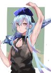  1boy absurdres androgynous aofo arknights armpits arms_up blue_hair earrings hat highres jewelry looking_to_the_side mizuki_(arknights) multicolored_hair pale_skin purple_eyes purple_hair sweat tank_top 