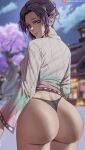  1girl ass black_panties blurry blurry_background breasts building butterfly_hair_ornament cherry_blossoms closed_mouth cloud commentary cowboy_shot eyelashes forehead from_behind hair_ornament haori highres japanese_clothes kimetsu_no_yaiba kochou_shinobu light_smile lips long_sleeves looking_at_viewer looking_back nape night night_sky no_pants no_pupils nostrils outdoors panties patreon_logo patreon_username purple_eyes purple_hair shexyo sky solo thigh_gap thong tree underwear web_address wide_sleeves 