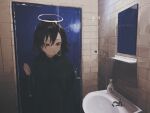  1girl bangs bathroom black_hair casual cigarette commentary daruma_karei door hair_between_eyes halo highres holding indoors light looking_down mirror mouth_hold original realistic red_eyes rosary short_hair sink smoke solo standing upper_body wall 