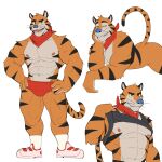  2022 abs anthro bandanna_on_neck barazoku black_eyes briefs clothing felid frosted_flakes fur hands_on_hips hi_res jrjresq kellogg&#039;s male mammal mascot muscular muscular_male nipples orange_body orange_fur pantherine solo striped_body striped_fur stripes tiger tony_the_tiger underwear yellow_sclera 