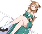  1girl animal_ears black_footwear breasts brown_hair cleavage collarbone crossed_legs eyebrows_visible_through_hair fox_ears fox_girl fox_tail genshin_impact green_eyes highres hina_(genshin_impact) jagd large_breasts looking_at_viewer multicolored_hair open_mouth sandals sitting smile socks solo streaked_hair tail white_hair white_legwear 