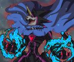  anthro bandai_namco black_body black_sclera blue_fire cape claws clothing colored_fire digimon digimon_ghost_game evil_face fire glowing glowing_eyes grusgammamon hi_res horn male scalie sharp_claws sharp_teeth solo teeth zssjblue 