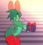  anthro arched_back butt cheek_tuft chest_tuft christmas clothing english_text facial_tuft fur genitals gift gradient_background green_body green_eyes green_fur green_hair hair hair_over_eye head_turned hi_res holding_object holidays humanoid_genitalia humanoid_penis inoby inoby_(character) lagomorph leaning leaning_forward legwear leporid looking_at_another male mammal messy_hair mostly_nude one_eye_obstructed penis pink_nose profanity rabbit scut_tail short_hair short_tail signature simple_background smile solo text thigh_highs tuft vein veiny_penis 