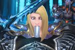  2boys 3d armor arthas_menethil blonde_hair blue_eyes blue_hair blue_skin elf fellatio hetero hood jaina_proudmoore lich_king long_hair midriff multiple_boys oral penis pointy_ears pov red_eyes silver_hair skull sword sylvanas_windrunner third-party_edit warcraft weapon world_of_warcraft 