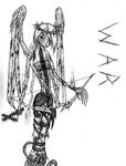  belt biblical blood bow_(weapon) braids crown crucifix fire fishnets monochrome monster wings 