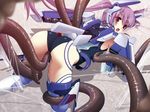  all_fours armor ass blush game_cg long_hair looking_back madou_souhei_kleinhasa mecha_musume open_mouth penetration_through_clothes purple_hair rape red_eyes rose_lilienthal saitou_natsuki solo tentacles thighhighs through_clothes twintails very_long_hair 