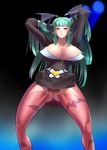  absurdres anus bat_wings breasts cleavage cosine green_hair highres huge_breasts long_hair miniskirt morrigan_aensland office_lady open_clothes open_shirt pantyhose pussy red_eyes shirt skirt smile solo spread_pussy vampire_(game) wings 
