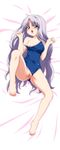  absurdres azmaria_hendric barefoot bed_sheet blush breast_slip breasts chrono_crusade competition_school_swimsuit dakimakura feet full_body highres large_breasts legs long_hair lying nipples on_back one-piece_swimsuit one_breast_out open_mouth purple_hair pussy red_eyes solo spread_legs strap_slip sugimura_tomokazu swimsuit swimsuit_aside toes uncensored 