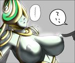  bayonetta breast_poke breasts covered_eyes covered_nipples helmet huge_breasts joy_(bayonetta) long_hair nipples pale_skin poking solo space_jin trembling wavy_mouth white_hair 