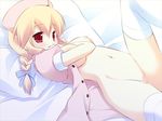  artist_request bed blonde_hair blush breasts censored character_request cute large_breasts lying nurse pussy red_eyes smile source_request 
