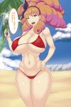  10s 1girl bangs beach big_hair bikini breasts cameltoe cloud drill_hair earrings erect_nipples grey_eyes hairband hand_on_hip huge_breasts jewelry large_breasts melie midriff navel ocean open_mouth orange_hair palm_tree radiant red_bikini red_swimsuit redshoot sky solo speech_bubble swimsuit tree wand 