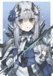  1girl absurdres arknights bangs bibeak_(arknights) blush capelet dress eyebrows_visible_through_hair feather_hair frilled_dress frills gloves green_eyes hair_ribbon highres holding holding_sword holding_weapon infection_monitor_(arknights) long_hair parted_lips ribbon semi_colon silver_hair solo sword weapon 