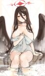  1girl bangs black_choker black_hair black_wings blue_archive blush breasts choker cleavage emirio_(emirio110) feathered_wings halo hasumi_(blue_archive) highres huge_breasts long_hair looking_at_viewer mole mole_under_eye naked_towel parted_lips red_eyes sitting sketch soaking_feet solo steam towel very_long_hair water wings 
