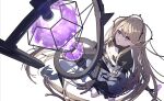  1girl arknights bangs brown_hair hair_ornament highres indigo_(arknights) infection_monitor_(arknights) long_hair looking_up parted_lips purple_eyes shrug_(clothing) simple_background snake_tail solo staff tail tngn96 very_long_hair white_background 