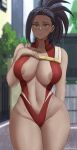  1girl absurdres areola_slip areolae arm_behind_back black_eyes black_hair boku_no_hero_academia breasts center_opening closed_mouth commentary cowboy_shot day english_commentary hand_on_own_chest hand_up highleg highleg_leotard highres large_breasts legs_together leotard looking_at_viewer navel no_bra outdoors revealing_clothes sauvagex solo standing stomach thighs tree yaoyorozu_momo 